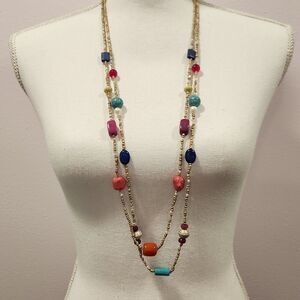 Chicos Colorblock 34" ‎ Necklace Multi Color Beaded Double Strand Gold Tone